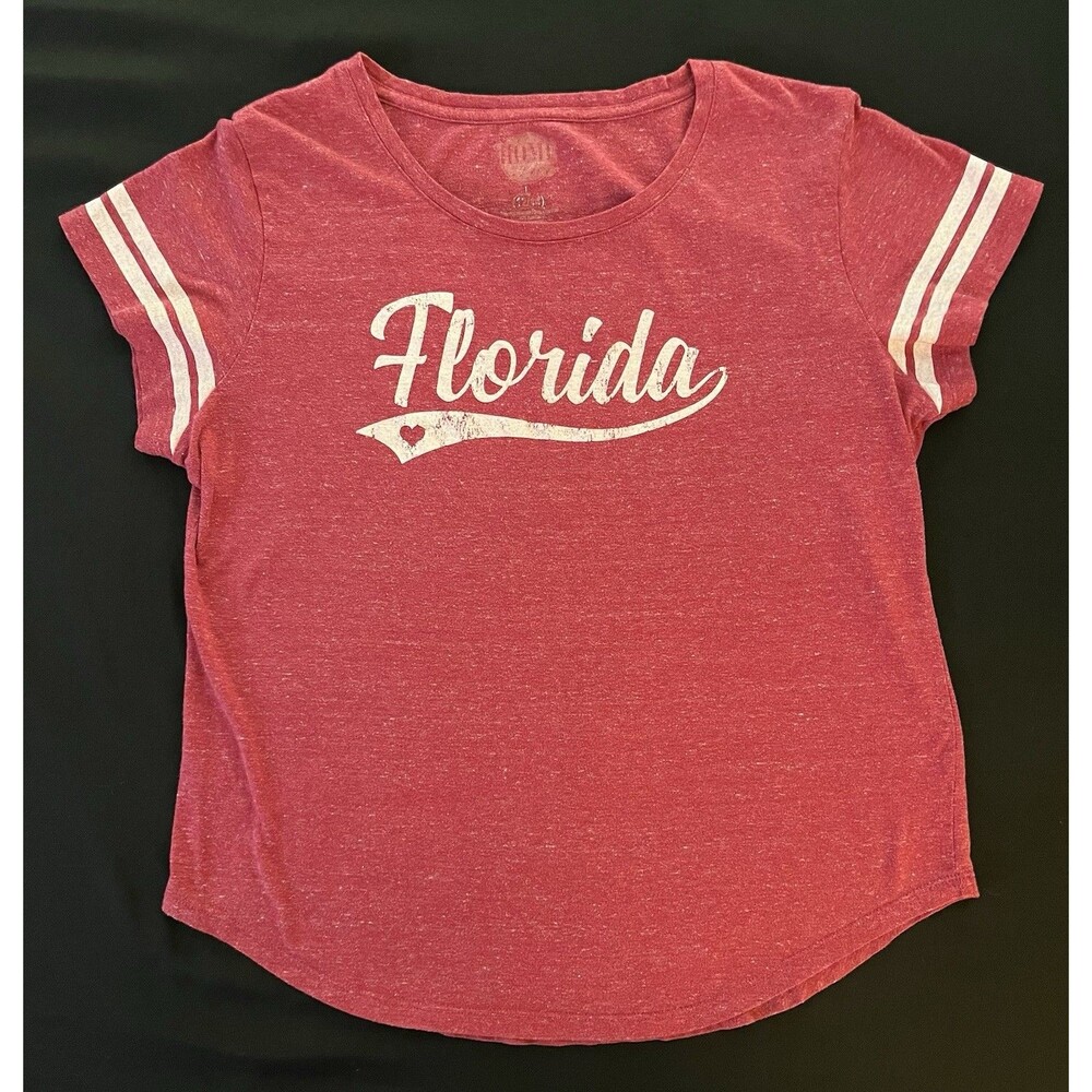 Pink Florida Graphic T Shirt Womens Large Retro White Stripe Sleeve Heart